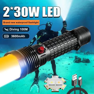 30W Professional Diving Flashlight IPX8 Waterproof Amphibious Powerful Torch White+Yellow Light Scuba Flashlights Underwater Lantern