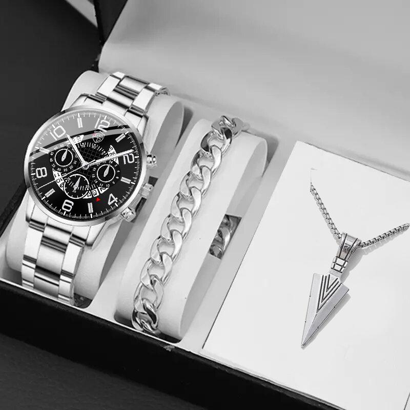3pcs/set, 1pc Fashion Men's Casual Round Pointer Stainless Steel Quartz Watch & 1pc Bracelet & 1pc Necklace
