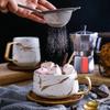 Japanese Ceramic Tea Cup: Matte Gold Marble & Black Pattern with Wooden Saucer