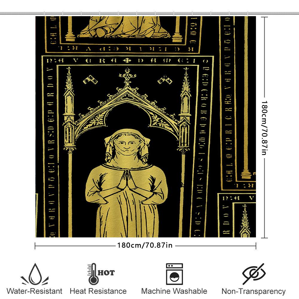 Vintage Gothic Bathroom Shower Curtain Medieval Religious Illustration With Figure In Prayer Pose (Black Gold)