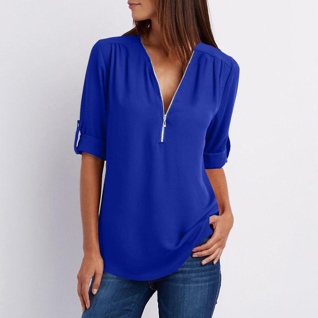 Women's Color Casual Fashion V-neck Zipper Long Sleeved Loose Chiffon Top With Adjustable Sleeves