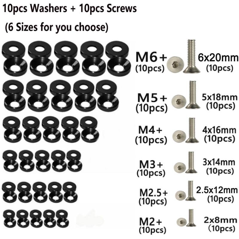 10pcs Car Modified Hex Fasteners Fender Washer Bumper Engine Concave Screws Aluminum Fender Washers and M2-M6 Bolt for Honda