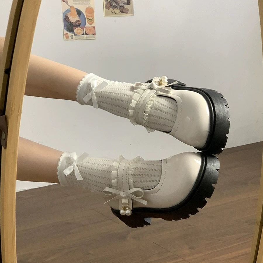 Sweet Sister Bow Shallow Mouth Pearl Mary Jane Shoes Spring and Summer New Thick Sole Heightening Japanese Small Leather Shoes Women