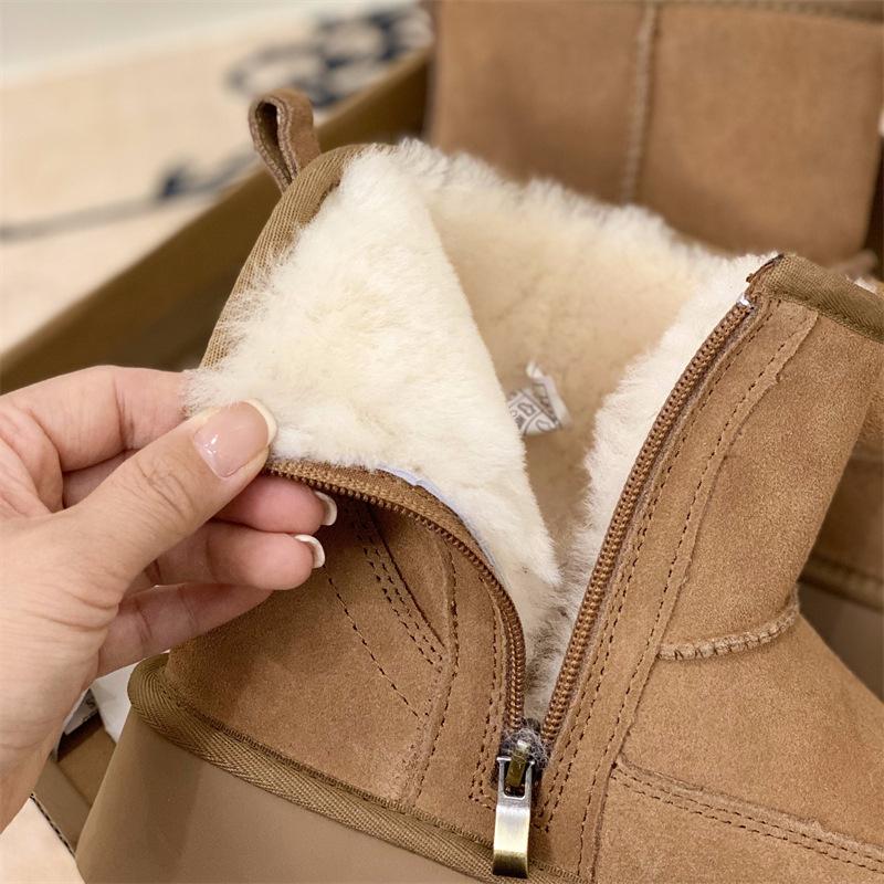 Sangpo Snow Boots Thick-soled Winter New Sheepskin Fur Integrated Side Zipper Short Tube Leather Wool Thermal Cotton Shoes Women
