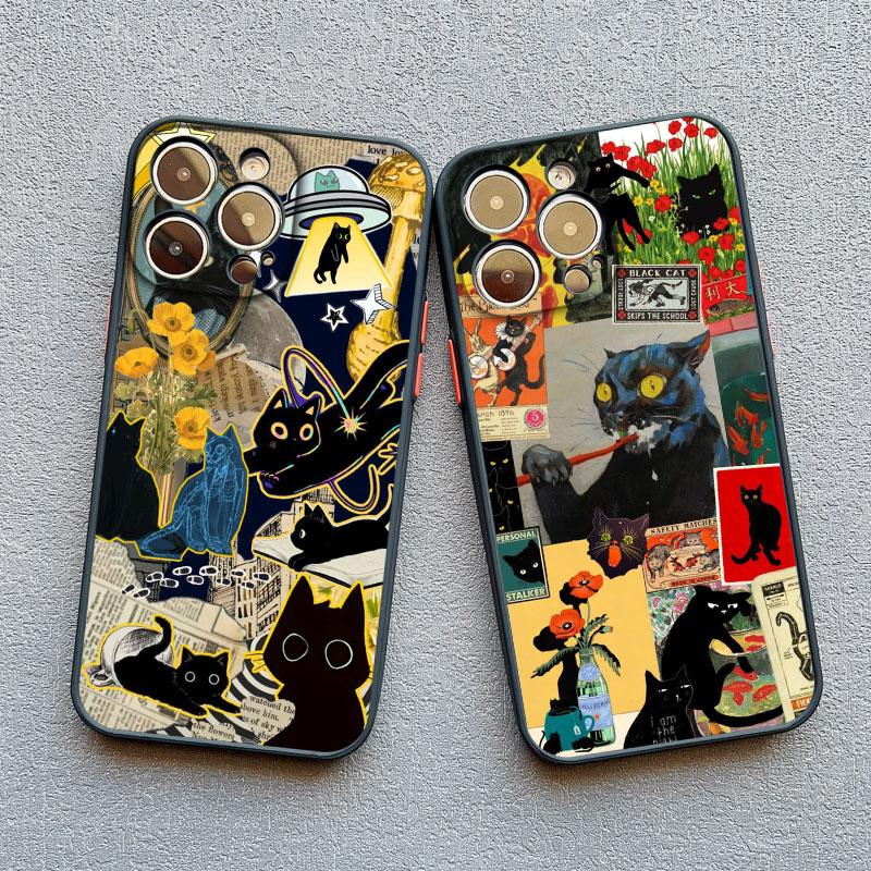 Kreative freche schwarze Katze Illustration Collage Handyhülle für iPhone 13 12 Mini 11 Pro Max 15 16 14 Pro Max Plus XR X XS Hüllen