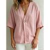 Women’s casual, loose-fit V-neck T-shirt for spring and summer – plain-coloured button-up top in linen