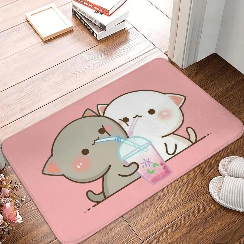 Mochi Cat Peach and Goma Front Door Floor Entrance Mat Interior Kitchen Bathroom   Bedroom Rug Living Room