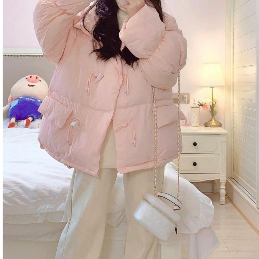 Women's Winter Korean Style Buckle Coat Cotton Padded Jacket with Fleece Lining