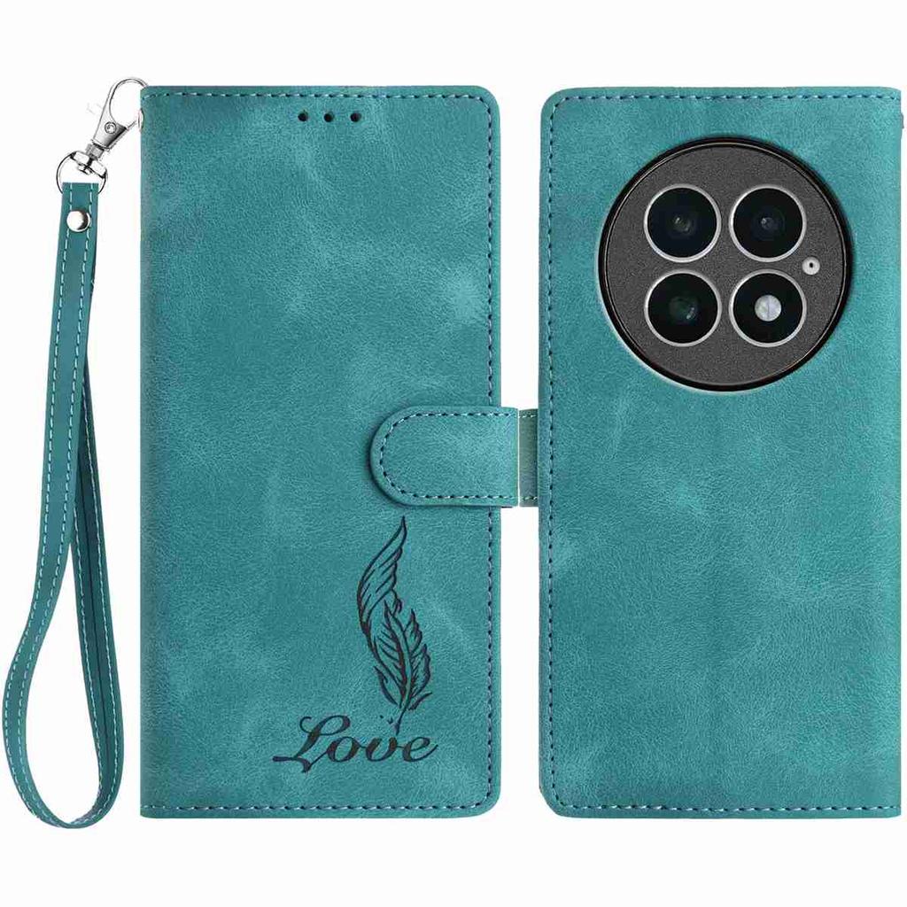 For OnePlus 13 Case Imprinted Feather PU Leather Wallet Phone Cover with Wrist Strap