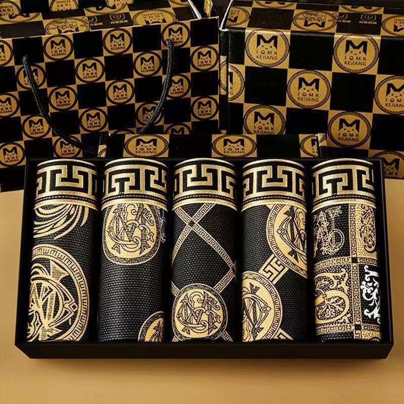 5-Pack Luxury Men's Black Gold Boxer Briefs - Summer Breathable, Plus Size, Antibacterial, Flat Leg Shorts