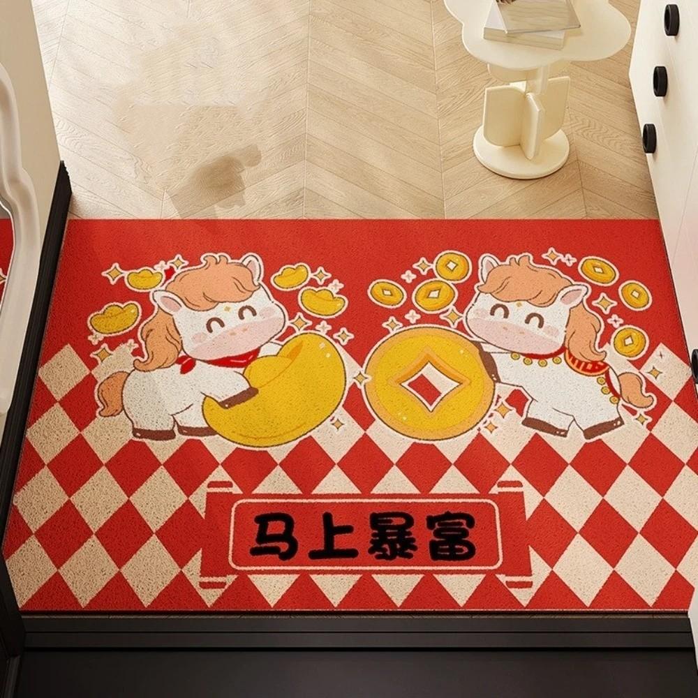 Cute Anti-slip Chinese New Year Doormat Stain Proof Cartoon Horse Pattern Carpet Wear-Resistant Red Entrance Mat Home Decor