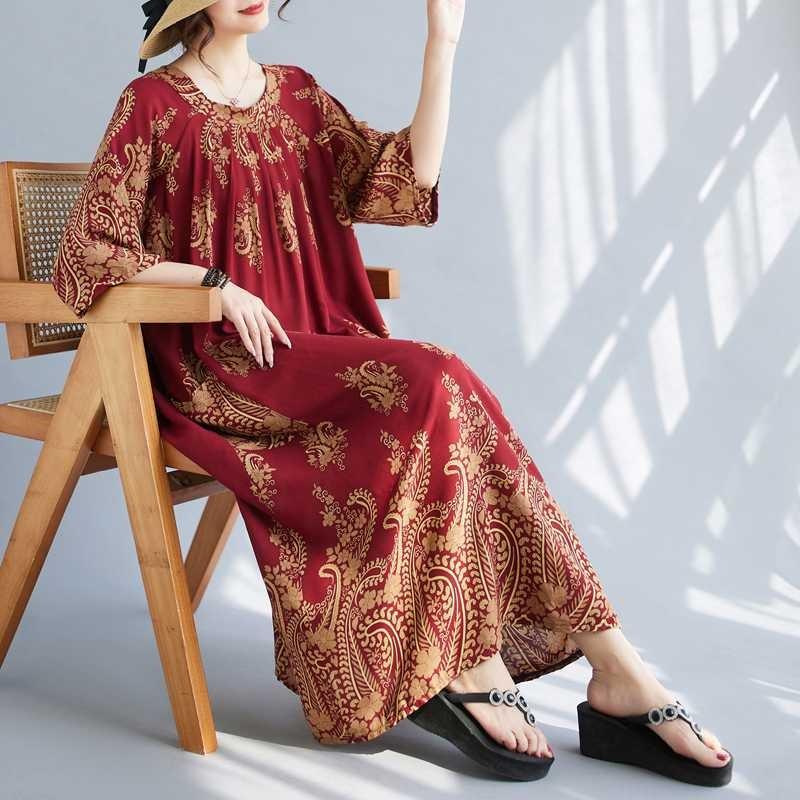 Neue Große Größe Literarischer Rundhals Locker Blumencover Fleisch Dünne Kleider