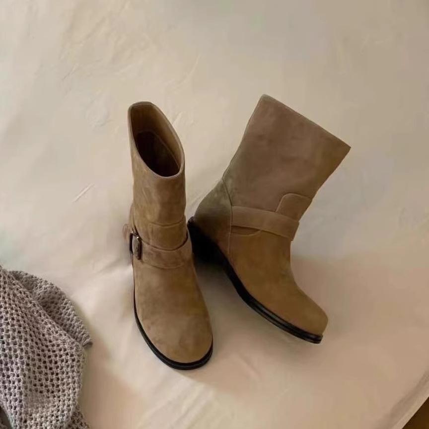 

Retro Western Cowboy Boots Women s 2025 New Korean Version Versatile Coarse Heel Belt Buckle Short Boots Round Head Sleeve Knight Boots 40 хаки