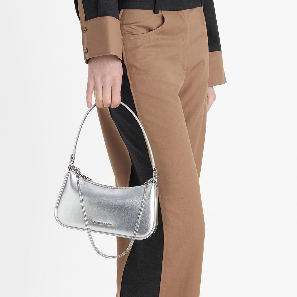 New CHARLES&KEITH Synthetic Leather Shoulder Bag Crossbody Bag Handbag Small Size Women's Noir Black/Silver/Gold CK2-80151362-A