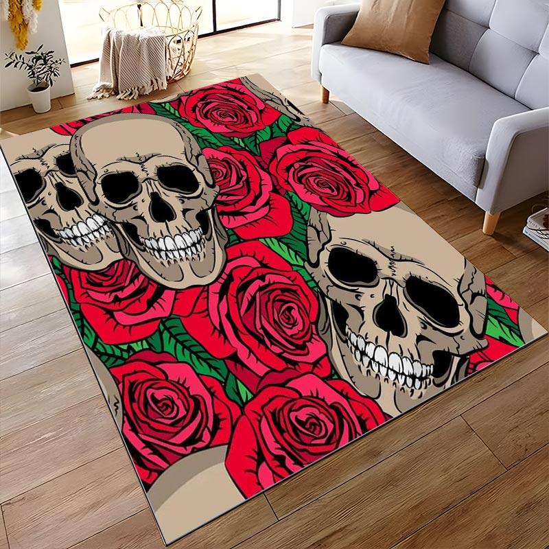 "Skull and Red Rose Printed Carpet with Gothic Art Design" Suitable for use as an anti-slip for living room bedroom sofas