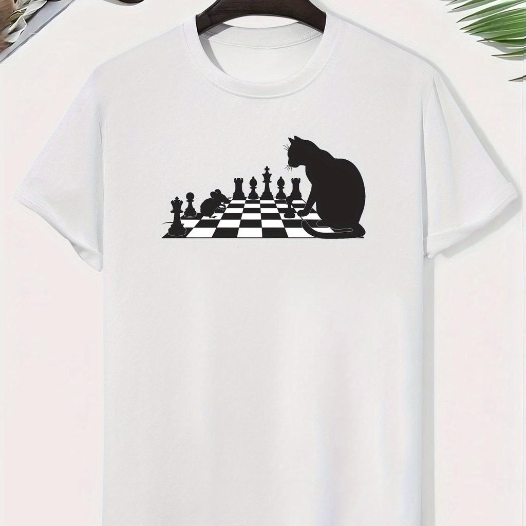 UnisexS Orange Cotton TShirt with Black Cat Chess Design Casual Short Sleeve Top for Summer Unisex Clothing Comfortable