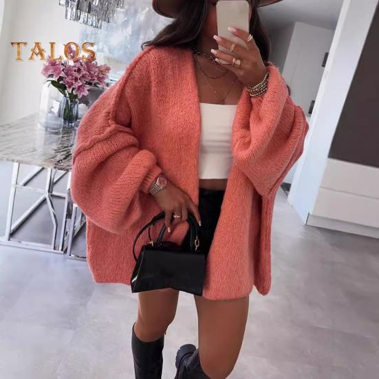 Cardigan feminino lanterna manga longa cor sólida oversized malha cardigan frente aberta leve suéter outwear