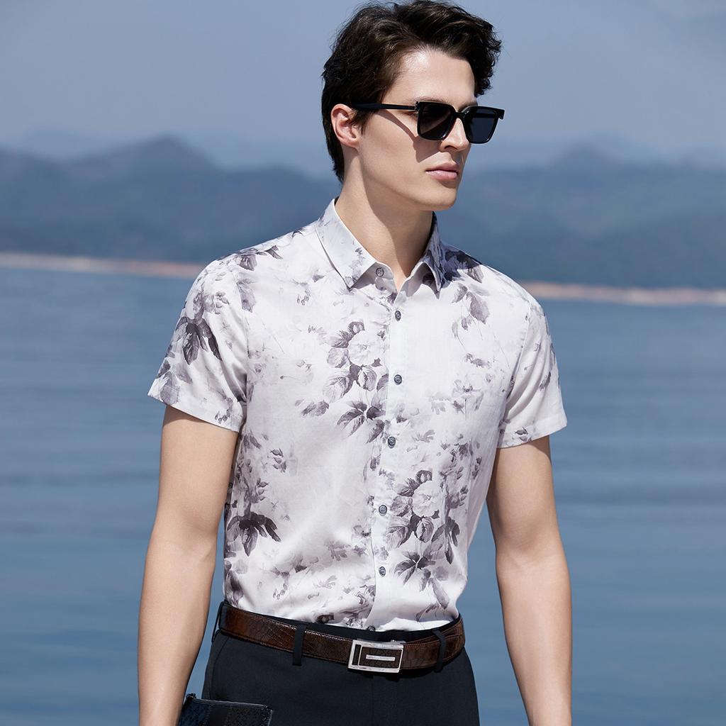 100% Silky Cotton Summer Digital Printing Versatile Comfortable Transparent Business Casual Men's Shirt Short Sleeve