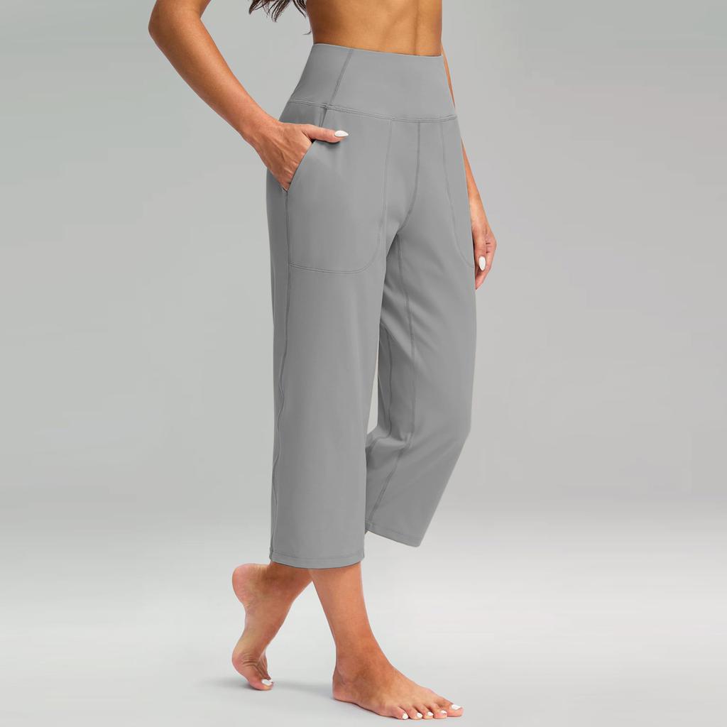 women's High Waist Solid Color Capris Wide Leg Pants Casual Pocket Yoga Cropped Trousers