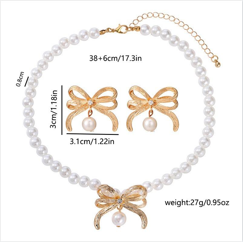 Accessories Fashion Imitation Pearl Beaded Necklace Set Light Luxury Alloy Bow Clavicle Chain