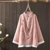 Camicia in Lino e Cotone con Bottoni a Disco Ricamati Retro Donna Primavera Abito da Tè Zen Cinese Top con Cuciture Larghe Girocollo