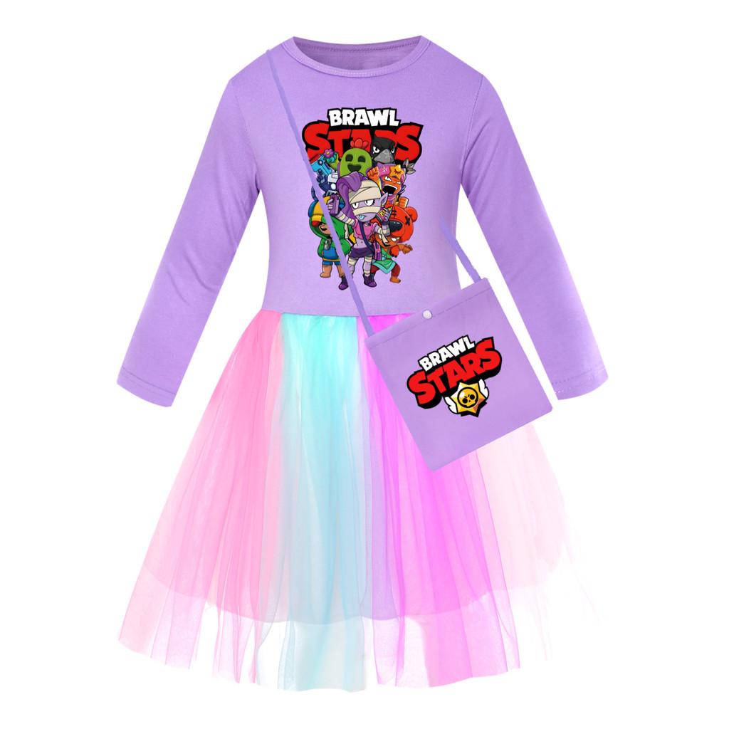 4094 Girls Brawl Stars Print Mesh Rainbow Princess Dress