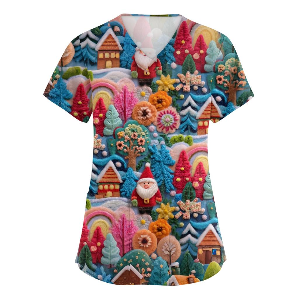 Women's V-neck Christmas printed short-sleeved pocket side-slit protective suit top