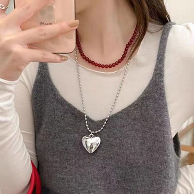 Silver Love Pendant Necklace Women'S Millet Beads Long Sweater Chain Stacked Wearing High-End Light Luxury Niche Accessories