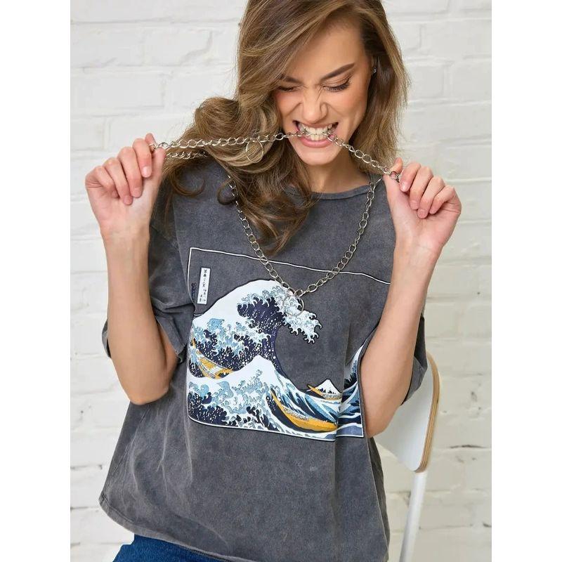 Modisch Bedrucktes T-Shirt Top European and American Washed Black Distressed Fashion Print Short sleeve T-shirt