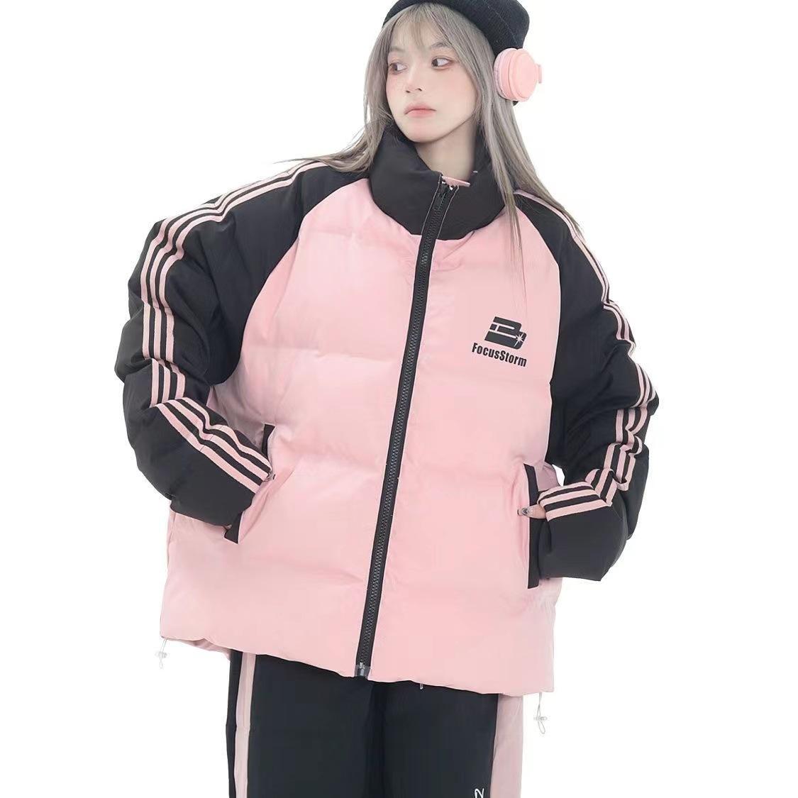 

Winter new splicing three-bar stand-up neck clothes women s winter loose thickened bread clothes M