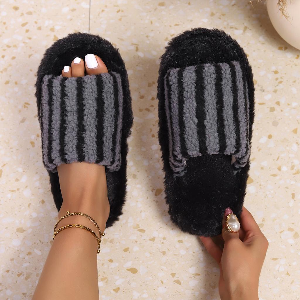 Sıcak Fiyonk Dekor Terlikler, Rahat Açık Burunlu Peluş Ayakkabılar, Rahat İç Mekan Ev Terlikleri