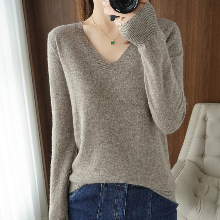 

YYFS женские модные повседневные однотонные принты больших размеров осень-зима с длинными рукавами и v-образным вырезом свободные свитера M темные хаки