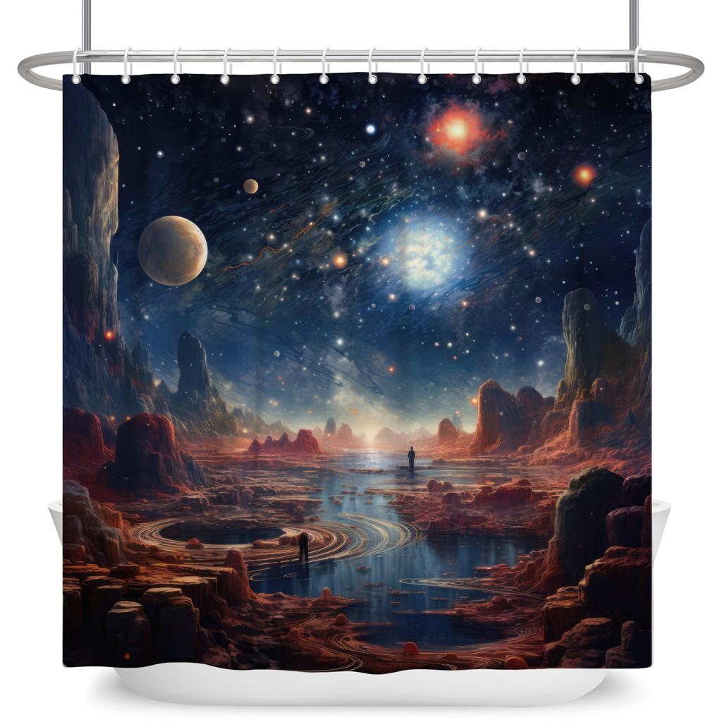 Dreamy Starry Sky Theme Modern Bathroom Curtain Aurora Planet Galaxy Moon Waterproof Polyester Shower Curtain Decor With 12 Hook