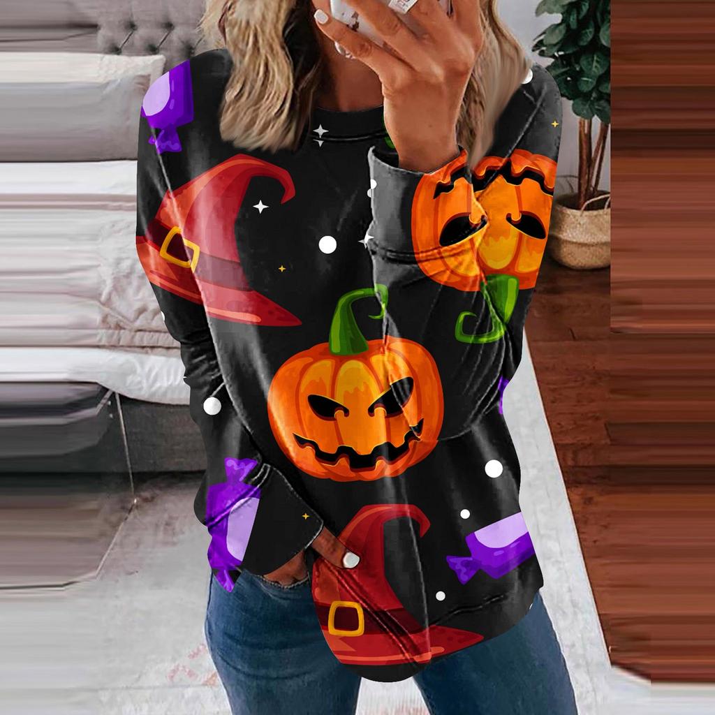 Blusa de algodón con cuello redondo para mujer, informal, a la moda, con estampado de Halloween, manga larga, cuello redondo, blusa superior