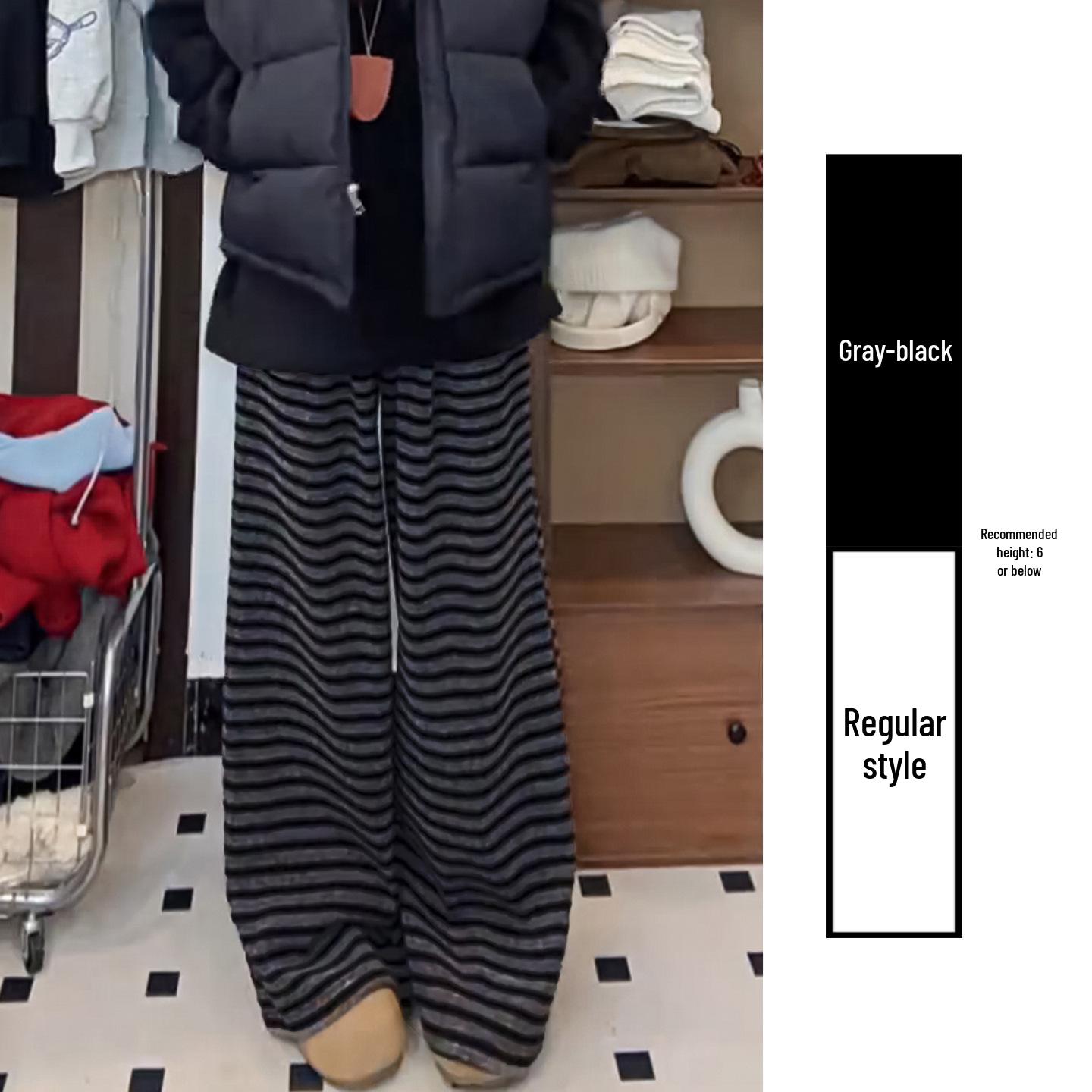 

Retro Gray-Black Velvet Striped Wide-Leg Pants - Women s Casual Spring Style Large