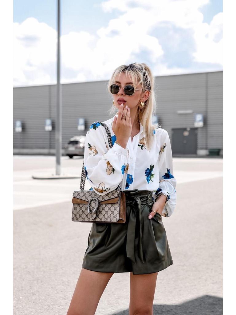 Autumn 2024 Floral Print Stand-up Collar Long Sleeve Shirt for Women - European & American Style