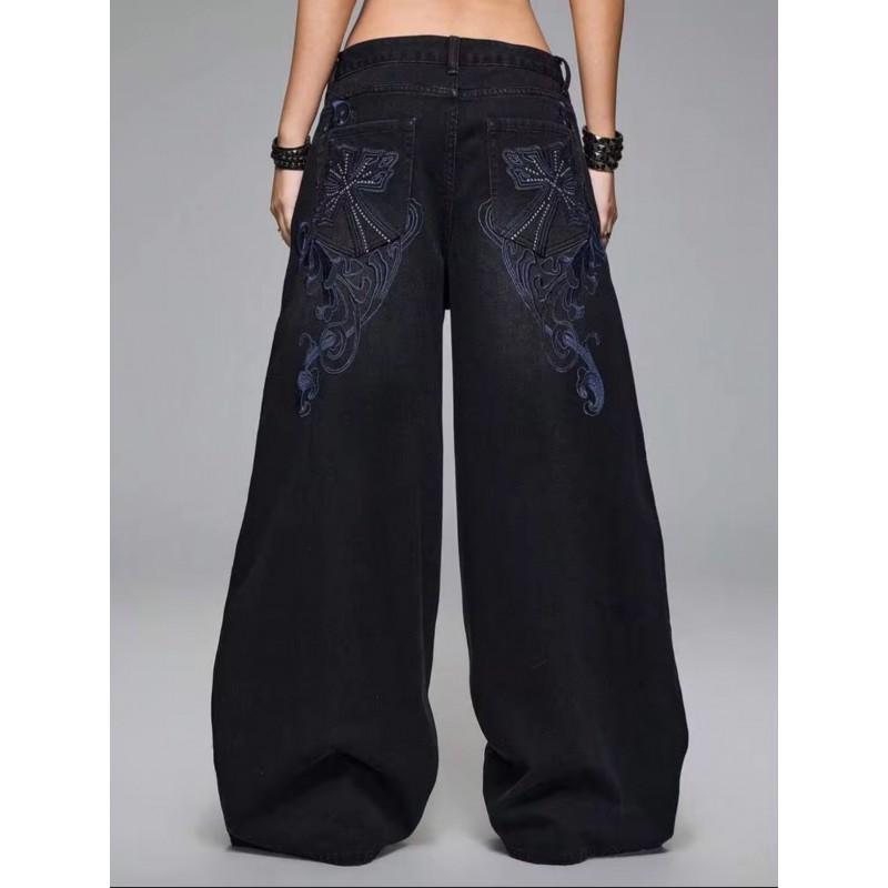 Womens Cross Embroidered Wide Leg Jeans Retro Dark Wash Loose Trousers