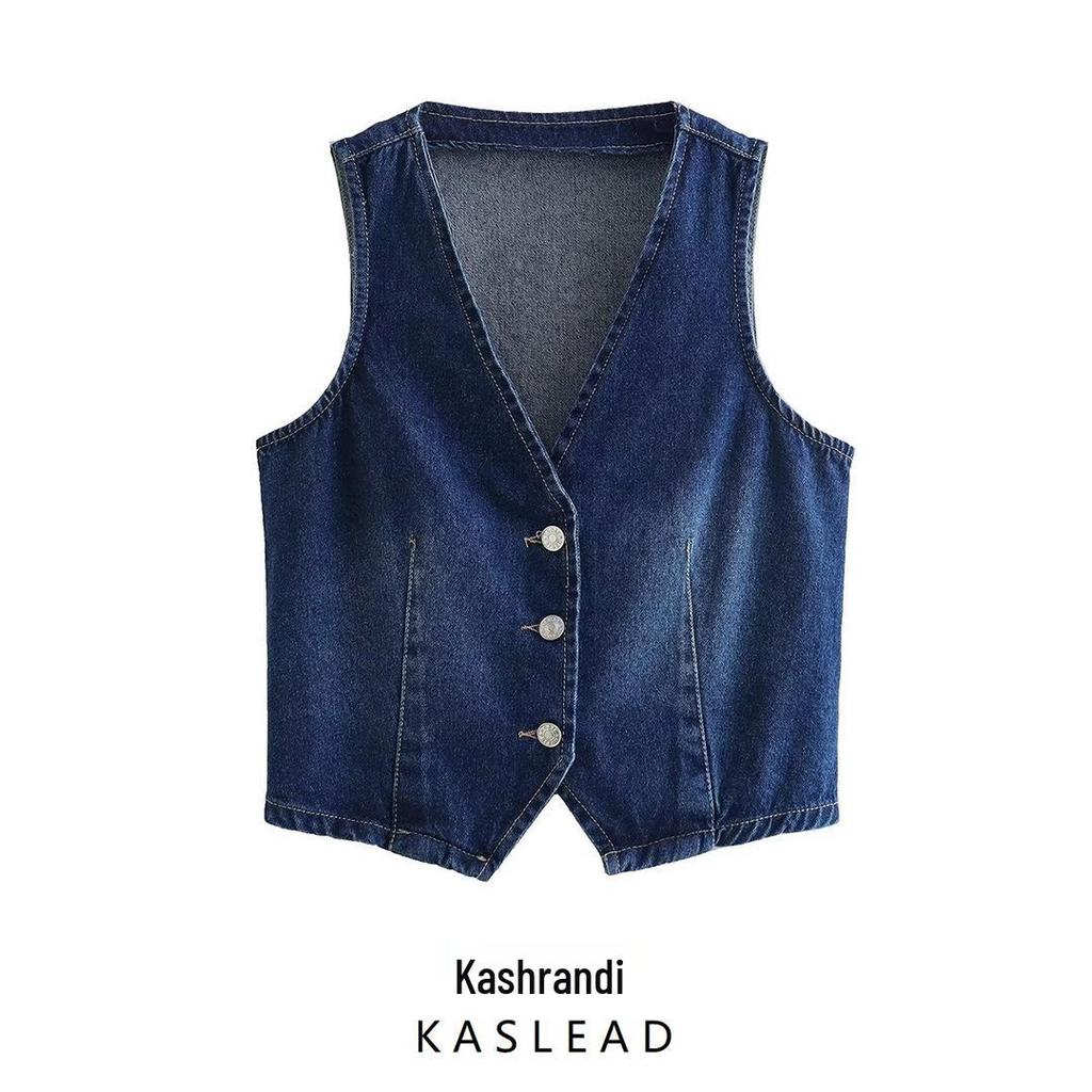 2024 Winter Women's European & American Style Fashionable Casual Denim V-Neck Sleeveless Vest