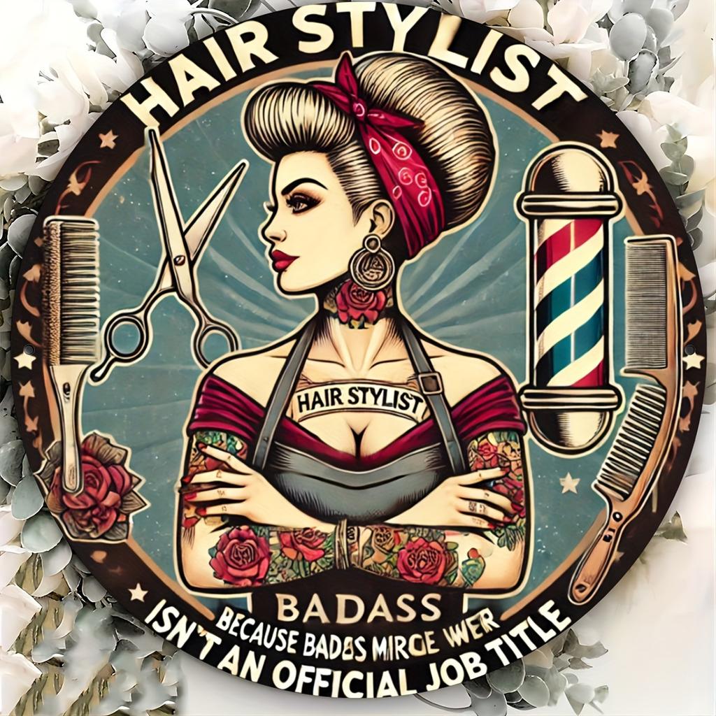 Pc Retro Hair Stylist  Sign Round Aluminum Wall Art Vintage Barber Shop Decor Ideal for Home Salon Bar Cafe Decoration