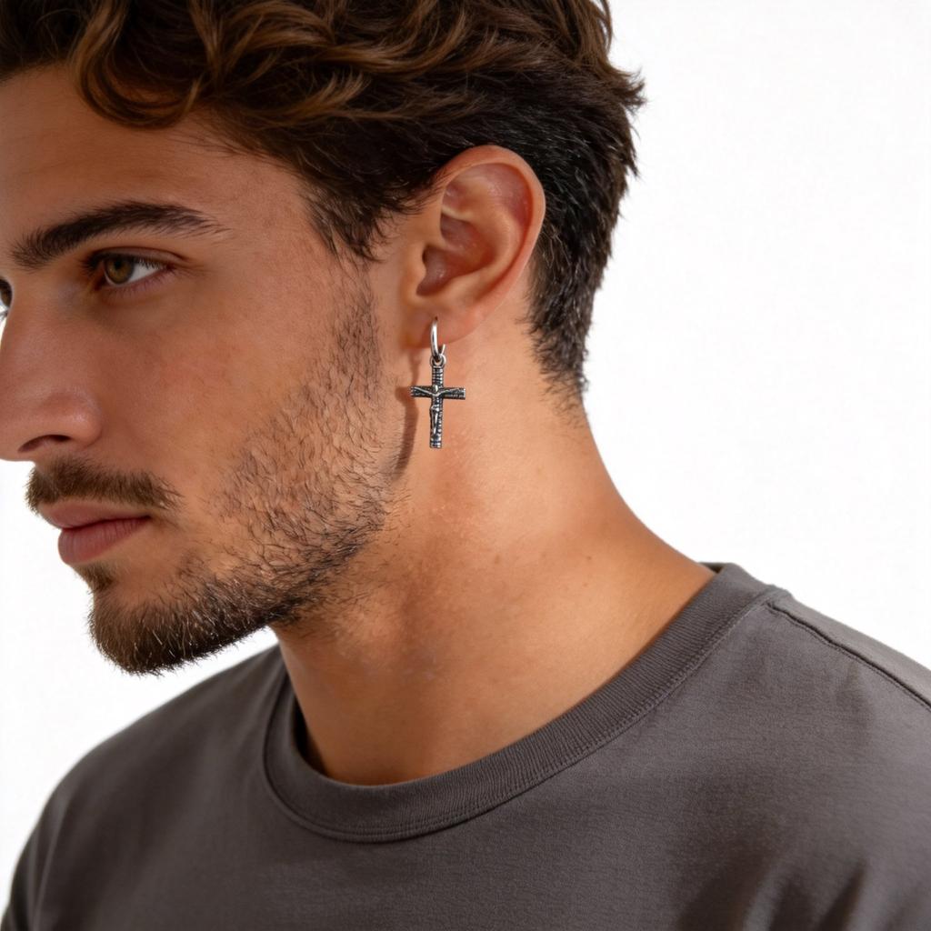 Vintage Crucifix Cross Hoop Earring for Men,Hypoallergenic Stainless Steel Drop Earring,Hip Hop Trendy Jewelry
