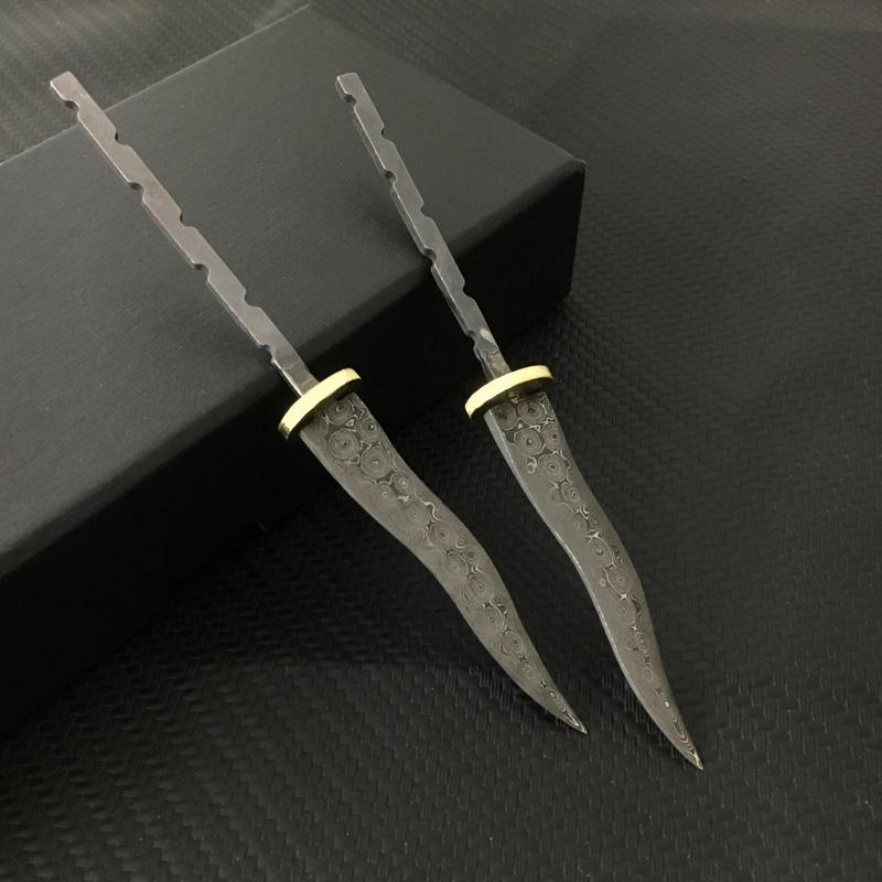 1PCS Semi-manufactures Rosette Damascus Steel Pu 'er Tea Knife Billets DIY Fixed Blade Knife Needles Supplies
