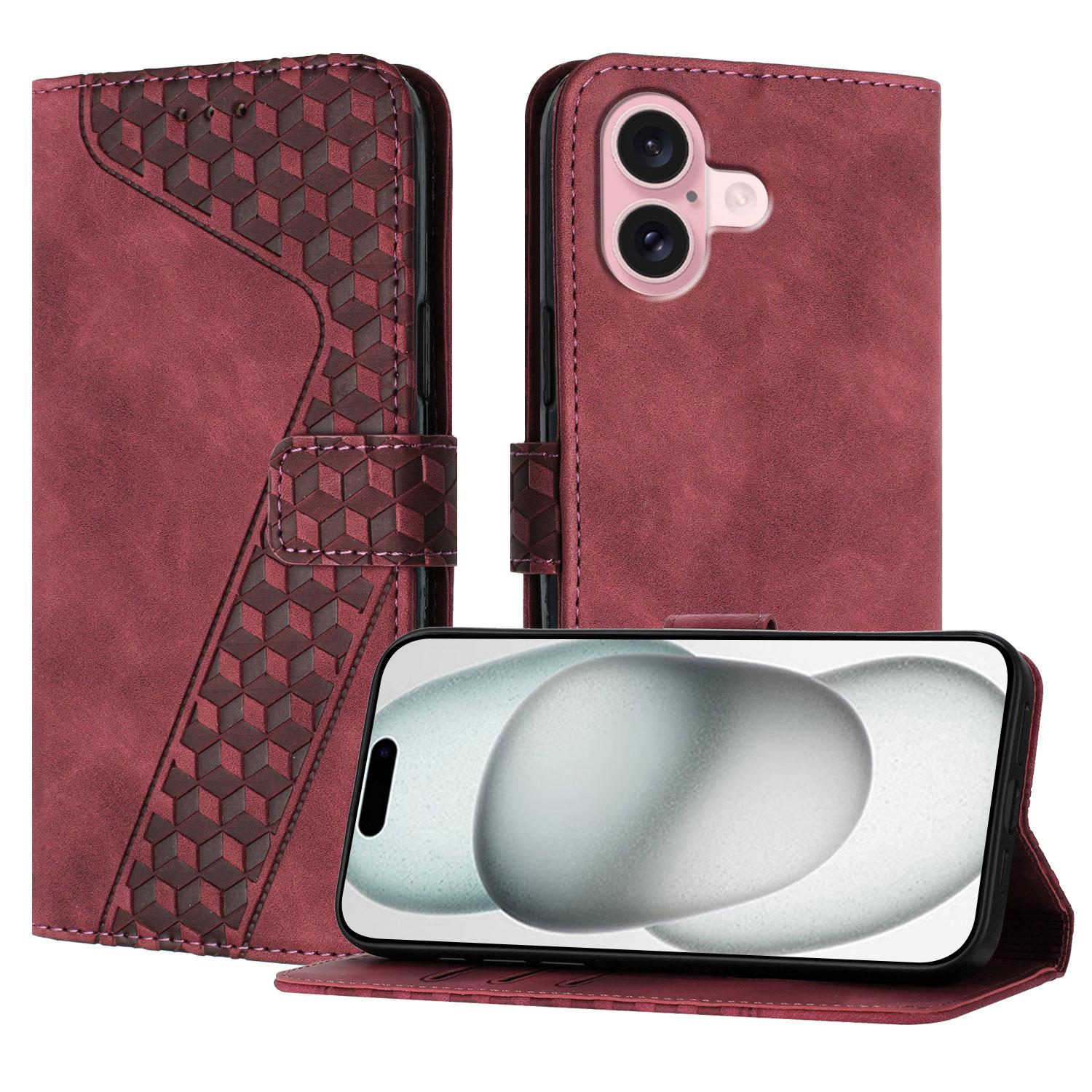 

For iPhone 16 Leather Case 7-Shaped Pattern Wallet Stand Shockproof Phone Cover Brown