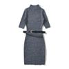 Spicy Chic Semi-High Neck Short Sleeve Knitted Dress - Spring 2025 Retro Waist-Hugging Bodycon Mini