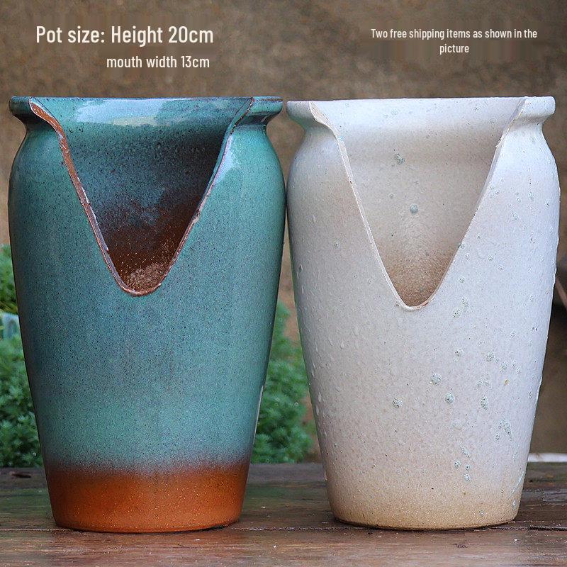 Handmade Coarse Pottery Wide-Mouth Flower Pot - Ceramic Zisha Succulent Planter with Rustic Cut-Edge Design for Chlorophytum