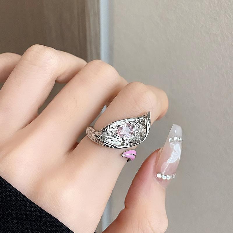 Bow Pink Water Drop Opening Ring Personality Light Luxury High Sense Fashion Trend Temperament Ring Elegant Jewelry