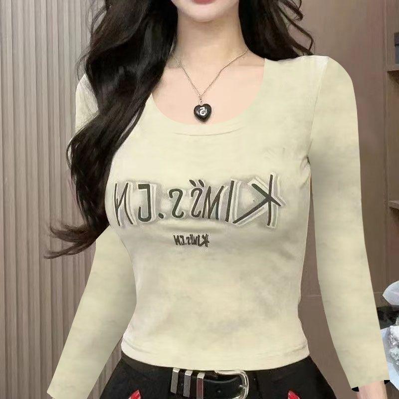 

Women s Plus Size Tie-Dye Letter Print Long-Sleeve Cropped T-Shirt - Autumn Slimming Top L бежевый