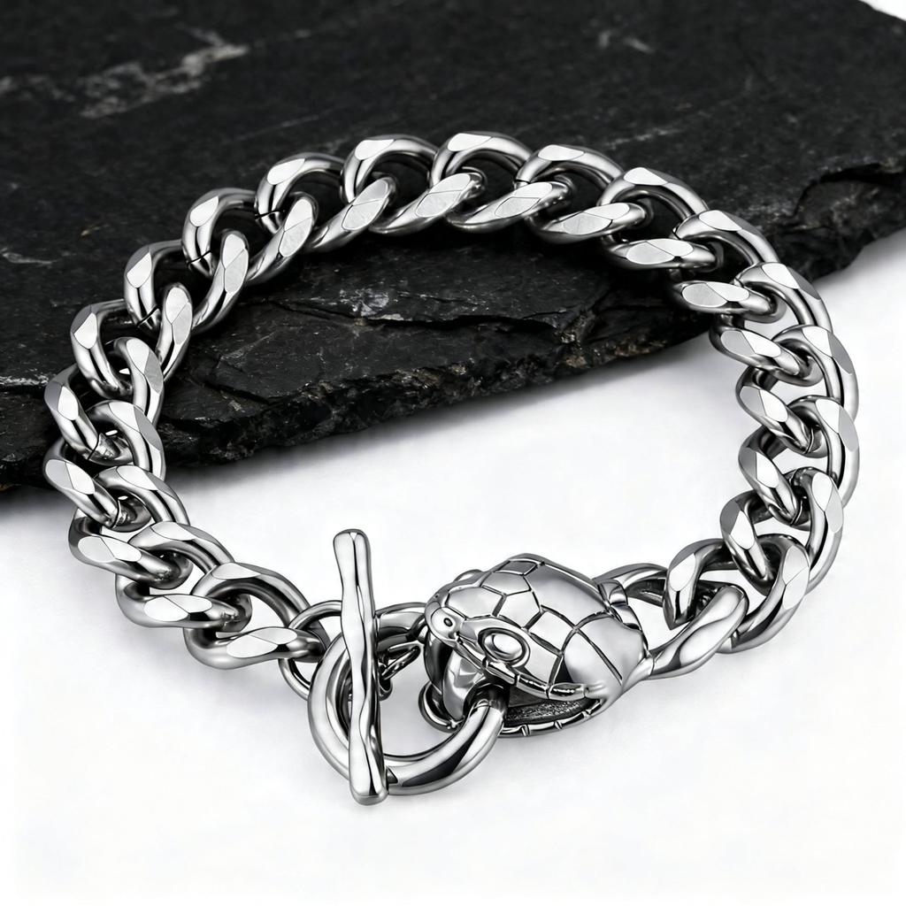 Rock Punk Men's Snake Head Chain Bracelet,11MM Stainless Steel Thick Chain Wristband,Birthday Party Gift for Him