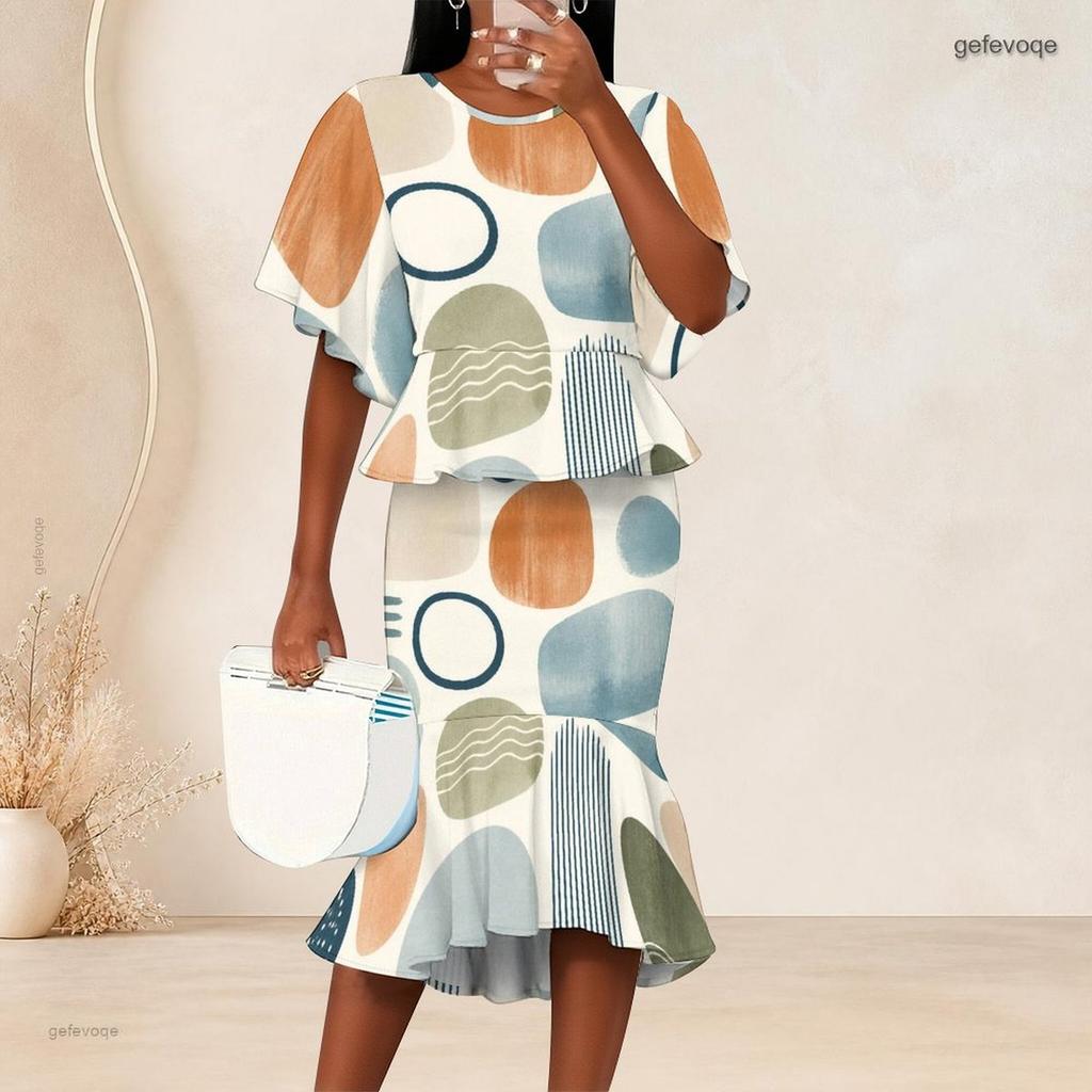 Women Plus Size Printed Round Neck Batwing Short Sleeve Ruffle Hem Top Fishtail Skirt Two Piece Set