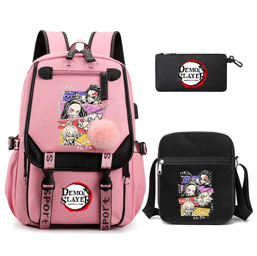 3Pcs/set Cartoon Demon Slayer Printed Backpack with Shoulder Bag for Teenager Student Girl Boy Bookbag Large Capacity Travel Bag