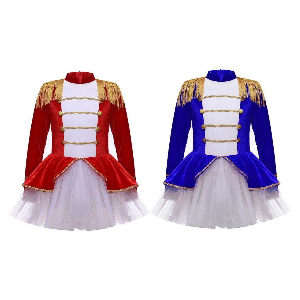 Girls Circus Leotard Long Sleeve Tassel Epaulet Mesh Tutu Costume Christmas Festival Performance Outfit